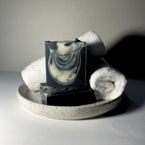 Activated charcoal handmade soap with tea tree, eucalyptus and swirl design