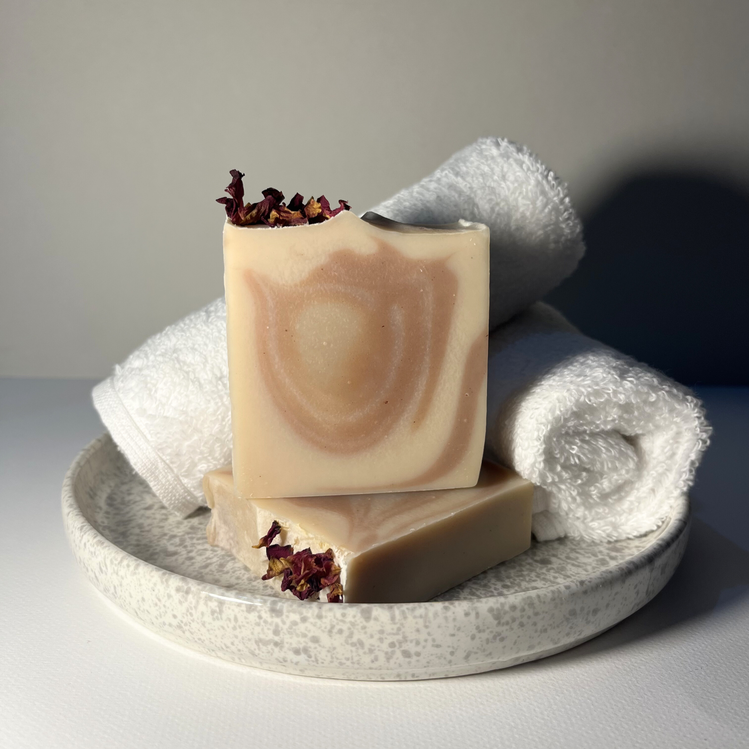 Handmade rose soap with pink clay, French red clay and swirl design